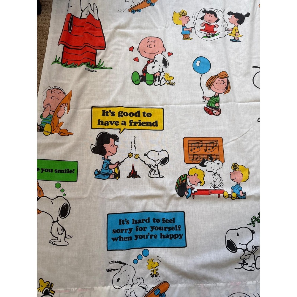 VTG Peanuts Snoopy Charlie Brown Twin Flat Sheet Montgomery Ward Muslin White